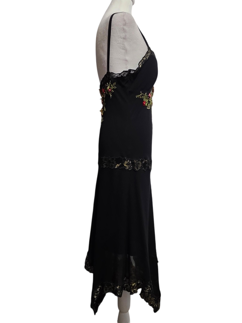 Cache Black Embroidered Floral Slip Dress Lace Handkerchief Hem Fairy Grunge 4 - Picture 5 of 13
